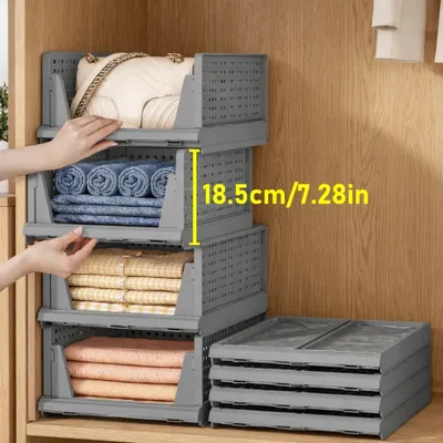 Productafbeelding van 4 stuks stapelbare opvouwbare kledingkast opbergbakken met schuifrail, uittrekbare dozen, ademende holle kast