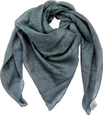 Produktbild von Schal aus Baumwolle, Modell aus Indien. Farbe: Grau, Schwarz. Motiv: Grüne Blumen. Form: Quadratisch
