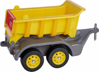 A toy dump truck trailer with a yellow dump bed and gray chassis, shown from a side-angle.