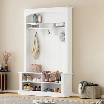 Obrázok produktu pre Voľne stojaci vešiak na oblečenie, biely - 120x40x191 cm - s úložným priestorom na topánky a 6 háčikmi