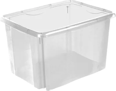 A clear, empty plastic storage box is shown against a white background.
