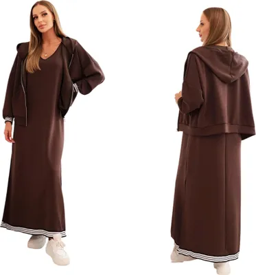 Immagine prodotto di Set da donna in viscosa con felpa con zip e abito lungo, marrone