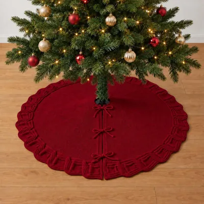 Kerstboomdeken rund 90 cm 3D gestrickt Rüschen rot 120 cm