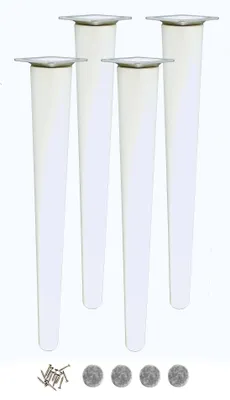 Four white furniture legs with silver tops, along with screws and felt pads.