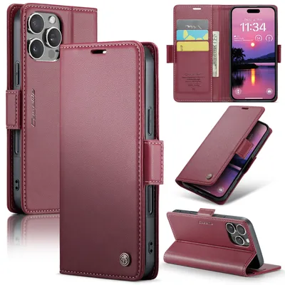 Obrázek produktu pro Pouzdro pro iPhone 16 Pro, RFID Blokování Karet, Pokročilé Flip Kožené Pouzdro s Funkcí Stojánku červené