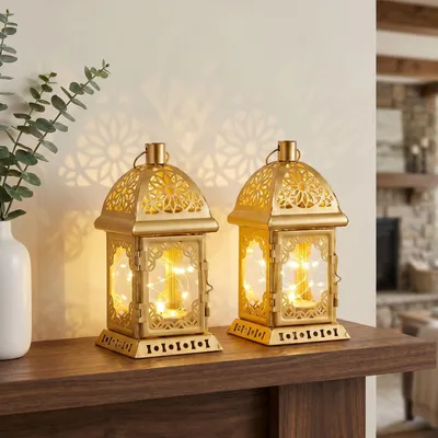 Productafbeelding van Set van 2 Vintage Decoratieve Lantaarns met Lichten - Goud voor Binnen en Buiten