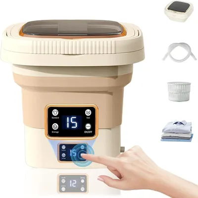 Produktbild von Waschmaschine, 9L Klappbare Waschmaschine,3 Reinigungsmodi Waschmaschine im Reiseformat mit Abtropfkorb,LED Digitalanzeige,Creme