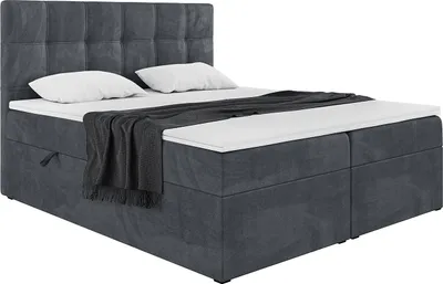 Produktbild von MEBLINI Boxspringbett mit Bettkasten - Gepolstert Doppelbett mit Matratze und Topper - Polsterbett mit Stauraum - Bett mit Kopfteil - Kai - 160x200 - H4/Dunkelgrau Samt