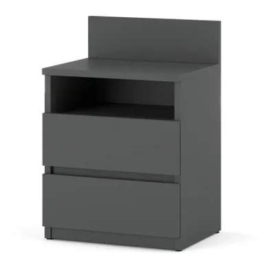 A dark gray nightstand with two drawers and an open shelf.