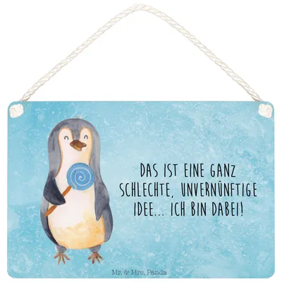 Produktbild von Mr. & Mrs. Panda Schild Pinguin Lolli DIN A5 - Eisblau - Geschenk, holzbild, Unvernünftig, Spruch, Türschild, wandtafel, Süßigkeiten, Wandbild Holz, kleine aufmerksamkeit