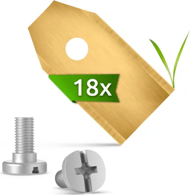 A close-up of replacement blades and screws for a robotic lawnmower.