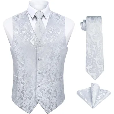 Productafbeelding van Herenset: Vest, das, zakdoek, paisley patroon, jacquard, wit, maat 3XL