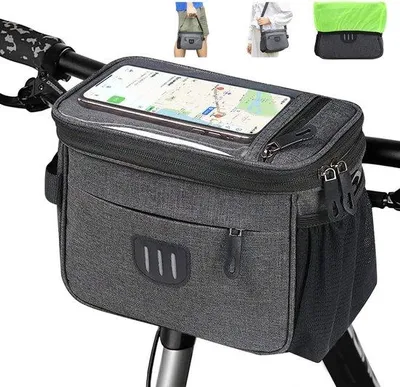 Imagen del producto de Bolsa para manillar de bicicleta Unyqoos® de 5 litros: bolsa impermeable para manillar con pantalla táctil de 6,5 pulgadas, fabricada en poliéster, con doble cremallera, correa para el hombro desmontable, reflectante, ideal para bicicletas de montaña (MTB) y bicicletas eléctricas (e-bike)