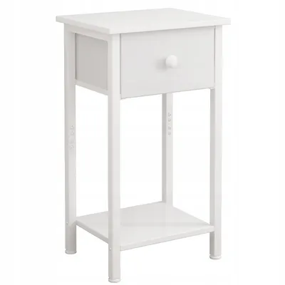 A white nightstand with a drawer and a shelf.