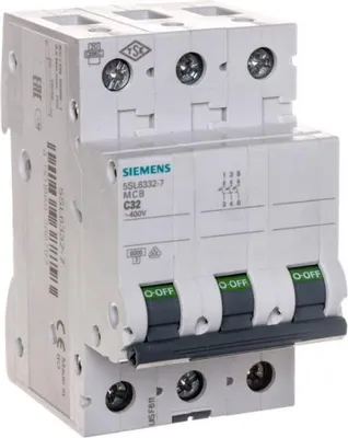 Imagen del producto de Interruptor automático Siemens, 400V, 6kA, 3 polos, curva C, 32A, 1 unidad.