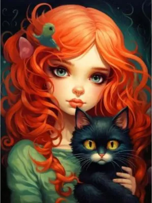 Produktbild von Diamantenmosaik, "Rotes Mädchen mit schwarzer Katze", 30x40 cm, kreatives Design