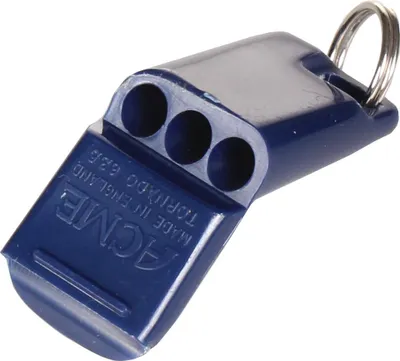 A close-up studio shot of a blue Acme Tornado 635 whistle.