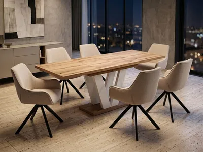 Produktbild von ENDO-Möbel Essgruppe "Lara White" - Esstisch ausziehbar 130-210cm in Eiche Evoke für 6 Personen mit Stühlen in Leinen-Beige