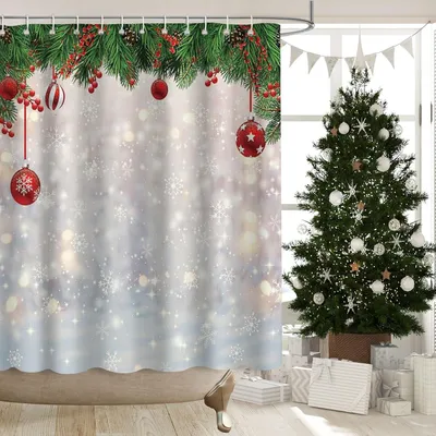 Obrázek produktu pro Sprchový závěs se vzorem sněhových vloček, 183 x 183 cm, látka vhodná k praní, zimní dekorace s háčky