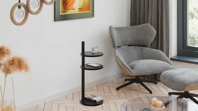 Zdjęcie produktu dla Stolik pomocniczy okrągły loft 3 poziomy 30x30x97 cm metalowy czarny