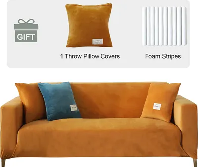 Produktbild von (3-Sitzer, Orange) Dicke Sofabezüge aus Samt, 1, 2, 3, 4-Sitzer, hochelastischer, rutschfester Sofabezug, Möbelschutz, Plüsch-Sofa-Schonbezüge mit 1 Kissenbezug für Wohnzimmer, Hunde, Katzen, Haustiere