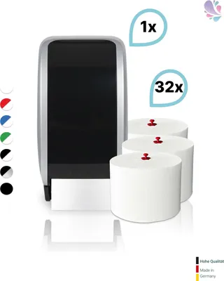 Produktbild von SET: 1x Toilettenpapierspender Doppelrollen Blanc Cosmos verschied. Farben + 32 Toilettenpapierrollen Long Life 3L - PRODUKTSET : Farbe - Silber / Schwarz Farbe: Silber / Schwarz