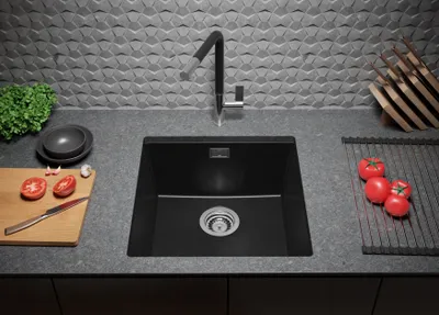 Produktbild von PRIMAGRAN Unterbauspüle Granit Schwarz 46x47cm, Spülbecken 1 Becken + Ablauf-Set, Granitspüle ab 50er Unterschrank - London