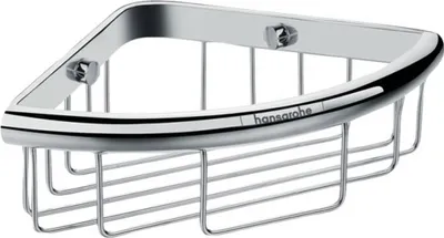 A chrome corner basket for a shower or bathroom.