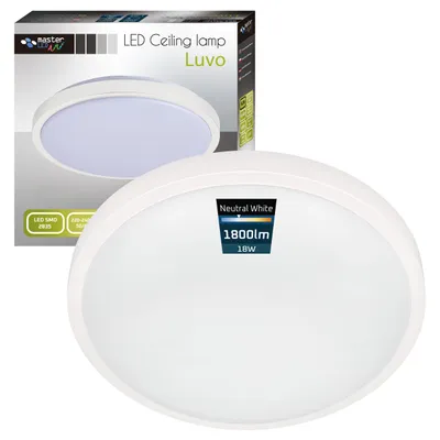A white LED ceiling lamp is shown in front of its packaging.