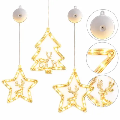 Produktbild von LED Weihnachtsfensterdeko mit Saugnapf, Weihnachtsbeleuchtung für Fenster & Glas, Rentier, Stern & Weihnachtsbaum, Timer, Blinkfunktion, Warmweiß