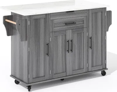 Produktbild von Grau Mobile Kuecheninsel 136x70x92cm Servierwagen Kuechenwagen Ausziehbare Arbeitsplatte Verdeckte Verstellbare Einlegeboeden Gewuerzregal