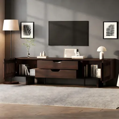 Image de OKWISH Meuble TV Bas Salon 180cm avec Portes à Lamelles, 2 Tiroirs de Rangement, pour Télévision Jusqu’à 75 Pouces, Bois Chêne Foncé