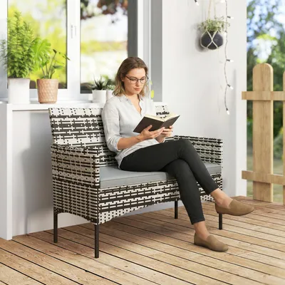 Zdjęcie produktu dla Sofa ogrodowa z rattanu, dwuosobowa, z poduszkami, wykonana z rattanu PE, rama stalowa, wymiary: 115x63x85 cm, kolor: jasnoszary