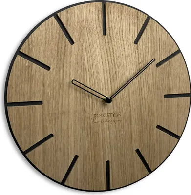Image de Horloge murale sans tic-tac, bois de chêne rond, Wood Art noir, 30 cm, salon, chambre à coucher, fabriquée dans l'UE
