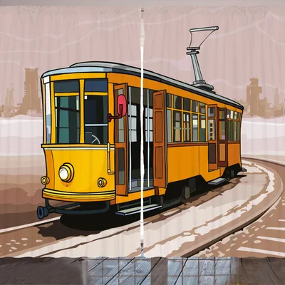 Produktbild von ARANDE Modern Gardine, Gelber Zug auf Eisenbahn-Winter-Landschaft-alter Vorstadtillustration, 280 x 245 cm, Gelb und Hellbraun