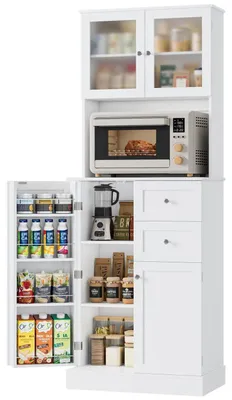 Image de Armoire de cuisine de 182,5 cm avec 2 portes en verre, 4 portes et 2 tiroirs, de couleur blanche