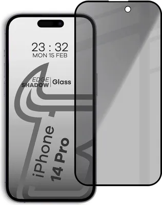 Produktbild von Bizon Glass Edge Shadow Privacy Tempered Glass für iPhone 14 Pro, getönt mit schwarzem Rahmen