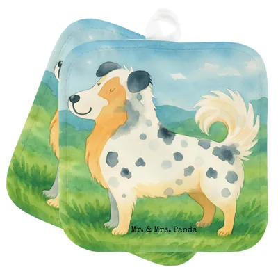 Produktbild von Mr. & Mrs. Panda Topflappen Hund Australien Shepherd Design - Weiß - Geschenk, Ofenlappen, Spruch, Sprüche, Topfuntersetzer, Set, Kochlappen, topfhalter