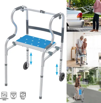Produktbild von LARS360 Faltbares Gehgestell mit Sitzfläche, Gehhilfe höhenverstellbar, bis 180 kg, Senioren Gehstütze für sicheren Halt und Komfort, leicht und tragbar
