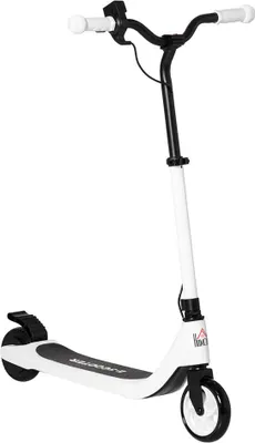 A white and black electric scooter is shown against a white background.