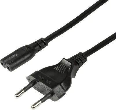 A black power cord with a European plug on one end and a C7 connector on the other, isolated on a white background.