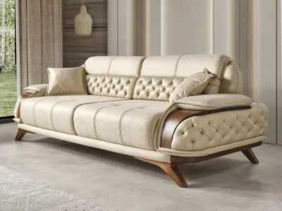 Produktbild von Modernes Beiges Wohnzimmer Sofa Beiger 3-er Holzgestell Ledersofa