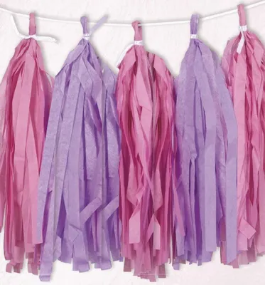 Produktbild von Girlande aus Papier in den Farben Pink und Lila, mit einer Länge von ca. 2,74 Metern