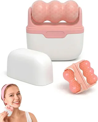 Produktbild von Eisroller Gesicht, Kühlroller gegen Falten, Gesichtspflege, 2 Rollenköpfe, rosa, mit Aufbewahrungsbox