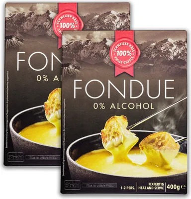 Produktbild von Food-United KÄSEFONDUE Fondue-Käse 2x400g Schweizer-Käse Fertigfondue Zubereitung aus Kuchmilch von STRÄHL zubereitungsfertig für Fondue-Topf Pfanne oder Caquelon kräftig-cremig zart-schmelzend passend für Baguette & Brot