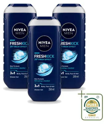 Image de 3 x Gel douche 3-en-1 Nivea Men Fresh Kick - 250 ml - Pack économique - 3 pièces