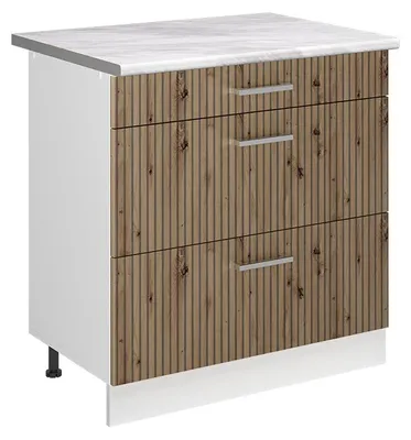 Zdjęcie produktu dla Szafka dolna do kuchni Vicco R-Line Dąb artisan/Biały 80 cm z 3 szufladami blat roboczy Marmur, Model 72334
