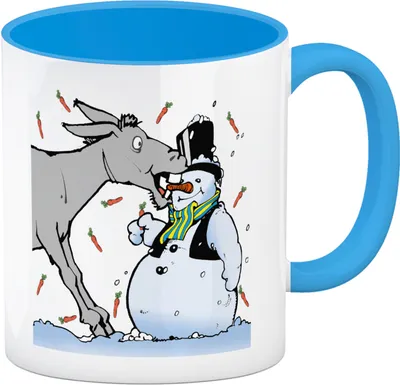 Produktbild von Schneemann und Esel Humor Kaffeebecher in hellblau