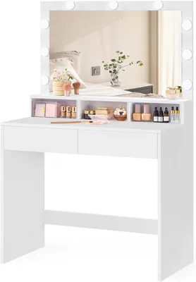 Image de Table de maquillage avec éclairage - Table pour cosmétiques - Idéale pour le maquillage - Intensité lumineuse réglable - 80 x 40 cm - Blanche