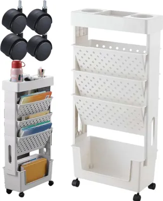 Two white rolling storage carts and a set of black casters against a white background.